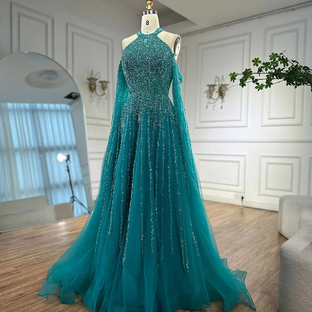 Luxury Turquoise Beaded A Line Evening Dress with Cape Sleeves LA72820