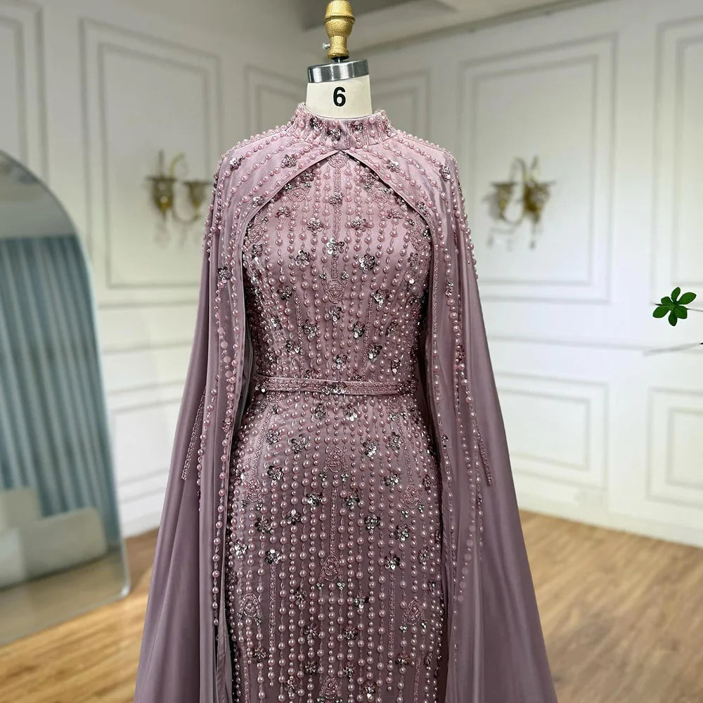 Modest Blue Muslim Beaded Evening Gown with Cape Sleeves LA72533