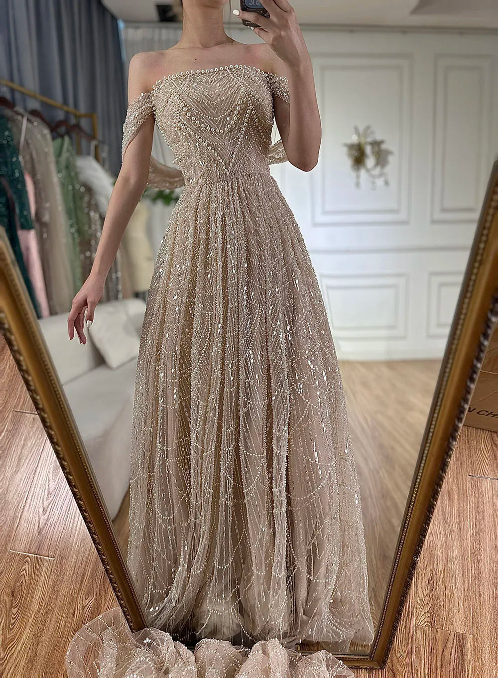 Luxury Beaded Champagne Off-Shoulder Evening Dress LA72738
