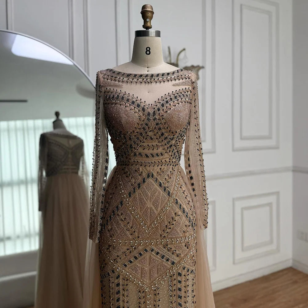Luxury Dubai Nude Evening Dress With Long Sleeves LA72967
