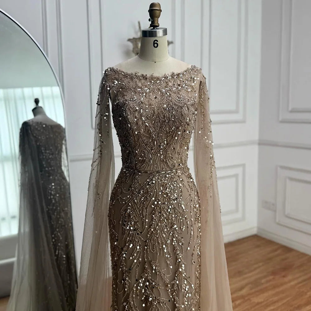 Luxury Caramel Beaded Evening Dress with Cape Sleeves LA73078