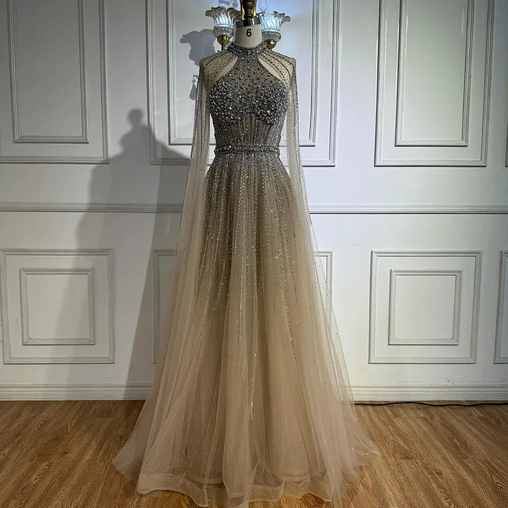 Luxury Beaded A-Line Evening Dress with Cape Sleeves LA73054