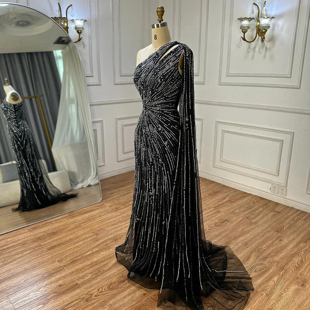 Luxury Black One Shoulder Mermaid Evening Dress with High Slit LA72829