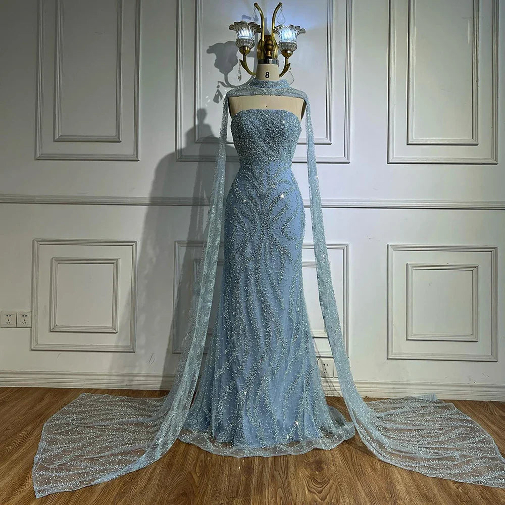 Luxury Nude Beaded Evening Dress with Cape Sleeves LA72824