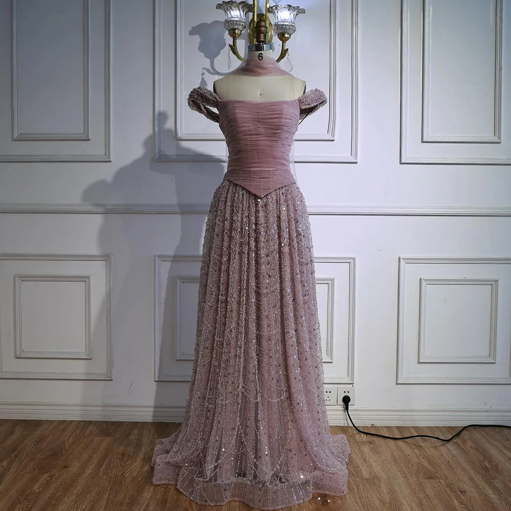 Luxury Arabic Pink Pearls Beaded Evening Dress With Cape LA72922