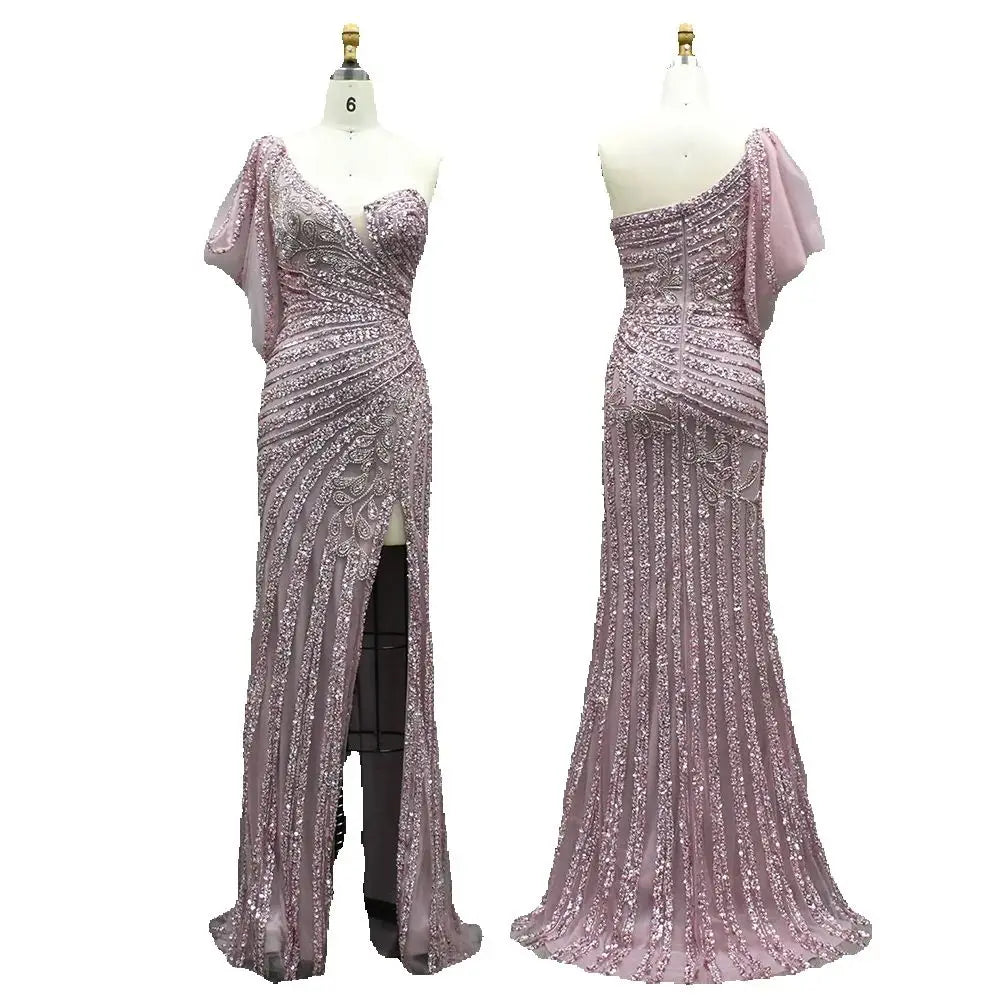 Luxury Dubai Pink One Shoulder Beaded Mermaid Evening Dresses Gowns with High Split for Formal Occasion LA72821