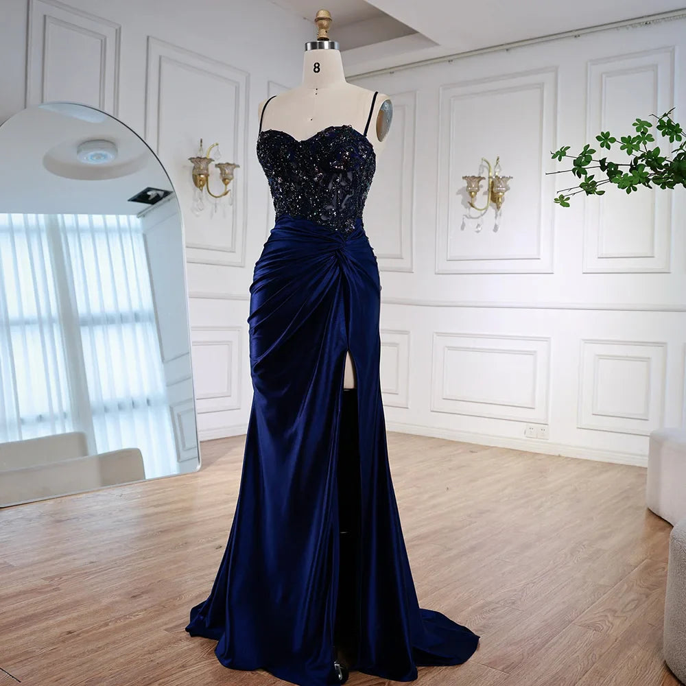 Classy Light Green Satin Prom Dress with Lace and Slit LA73032A