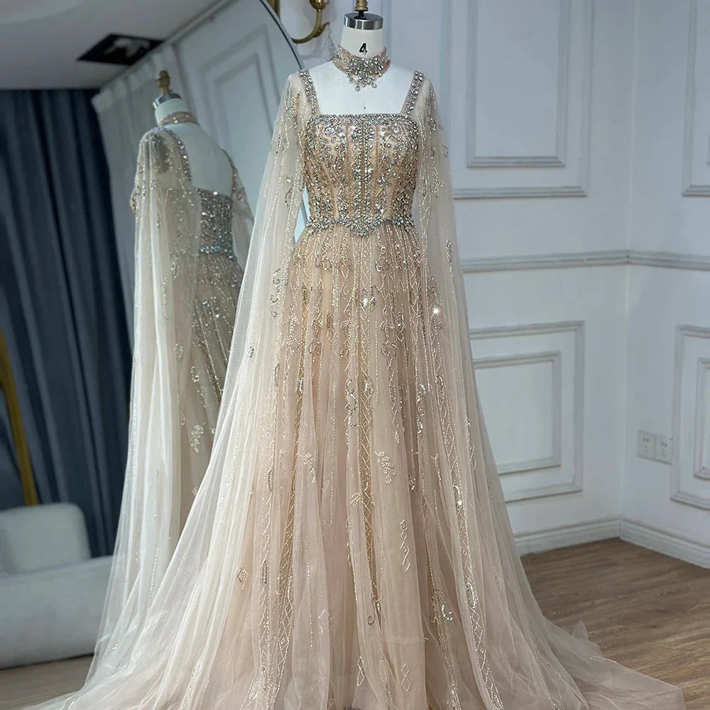 Luxury Designer Nude A-Line Crystal Beaded Arabic Evening Dress LA72764