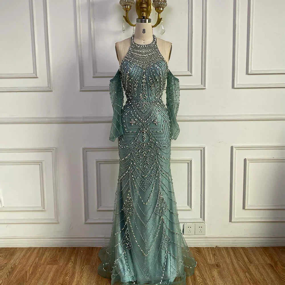 Luxury Turquoise Mermaid Evening Dress Detachable Sleeves LA72925