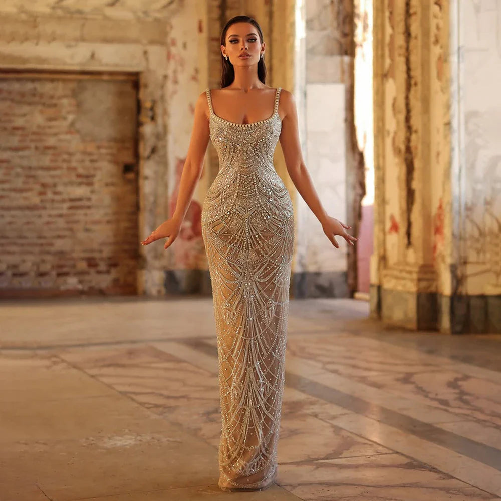 Luxury Nude Mermaid Evening Dress with Spaghetti Straps LA72986