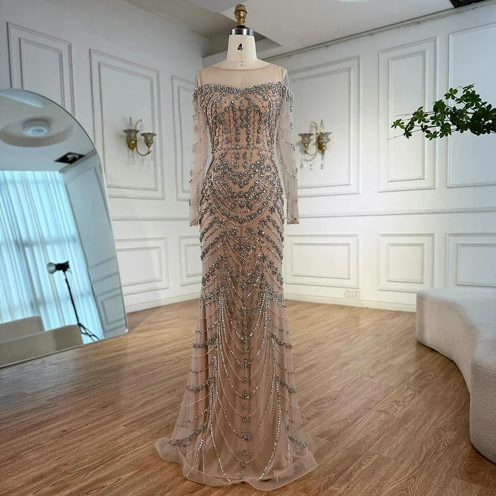 Luxury Off Shoulder Beaded Evening Dress with Long Sleeves and Train LA72930