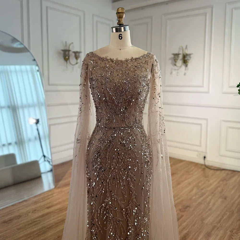 Luxury Caramel Beaded Evening Dress with Cape Sleeves LA73078