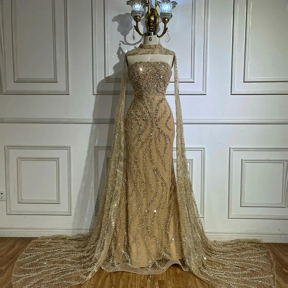 Luxury Nude Beaded Evening Dress with Cape Sleeves LA72824