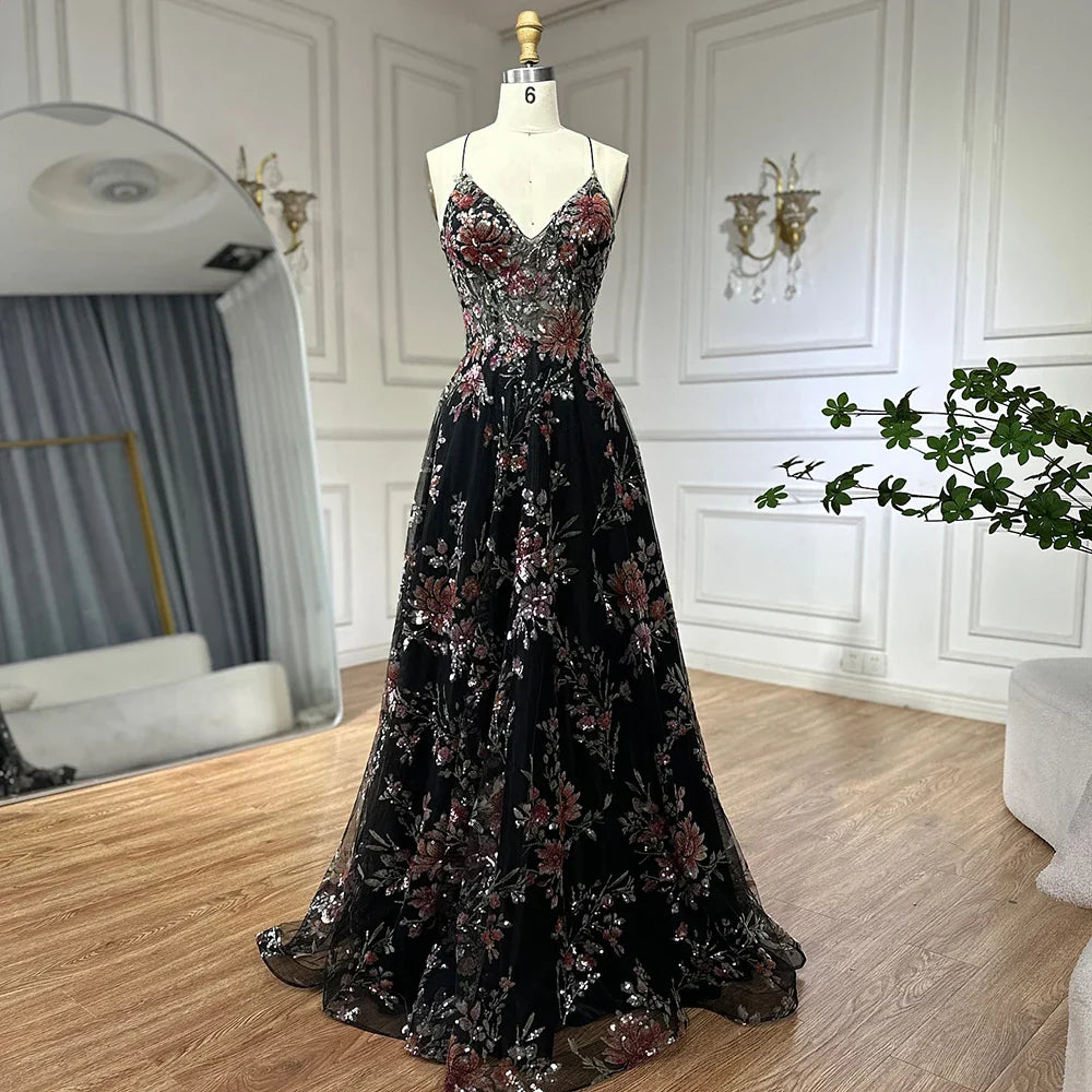 Luxury Dubai Spaghetti Strap A-Line Black Beaded Luxury Prom Dress for Formal Occasion Saudi Arabic LA72773