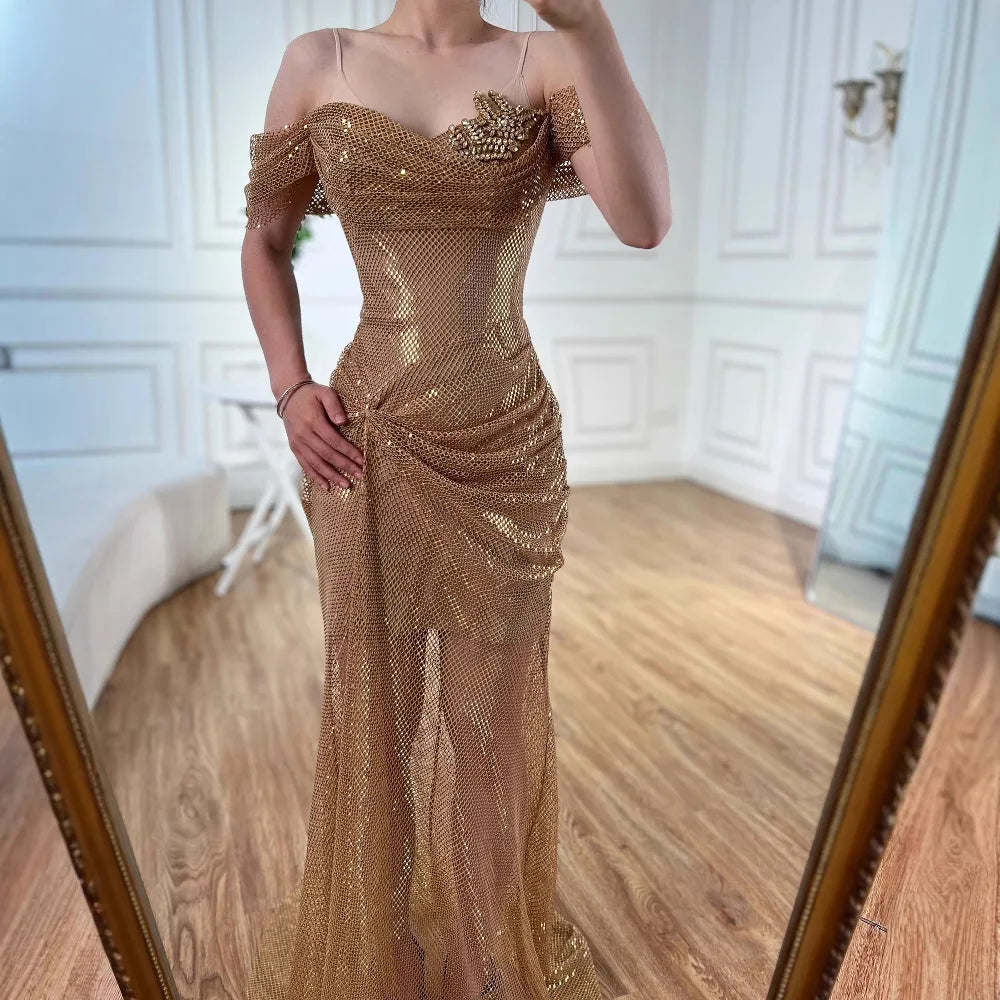 Elegant Nude Off Shoulder Beaded A-Line Evening Dress LA72807A