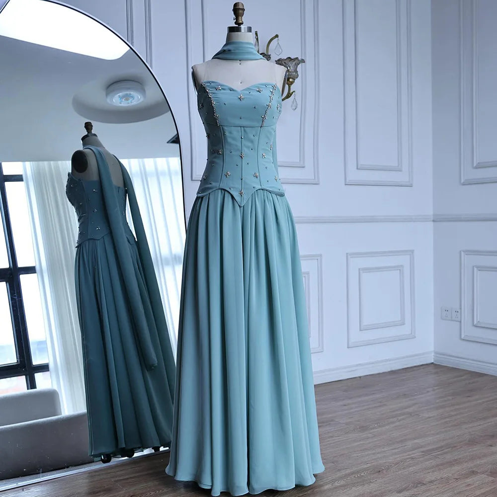 Classy Sage Green Strapless A-Line Chiffon Evening Dress LA73073