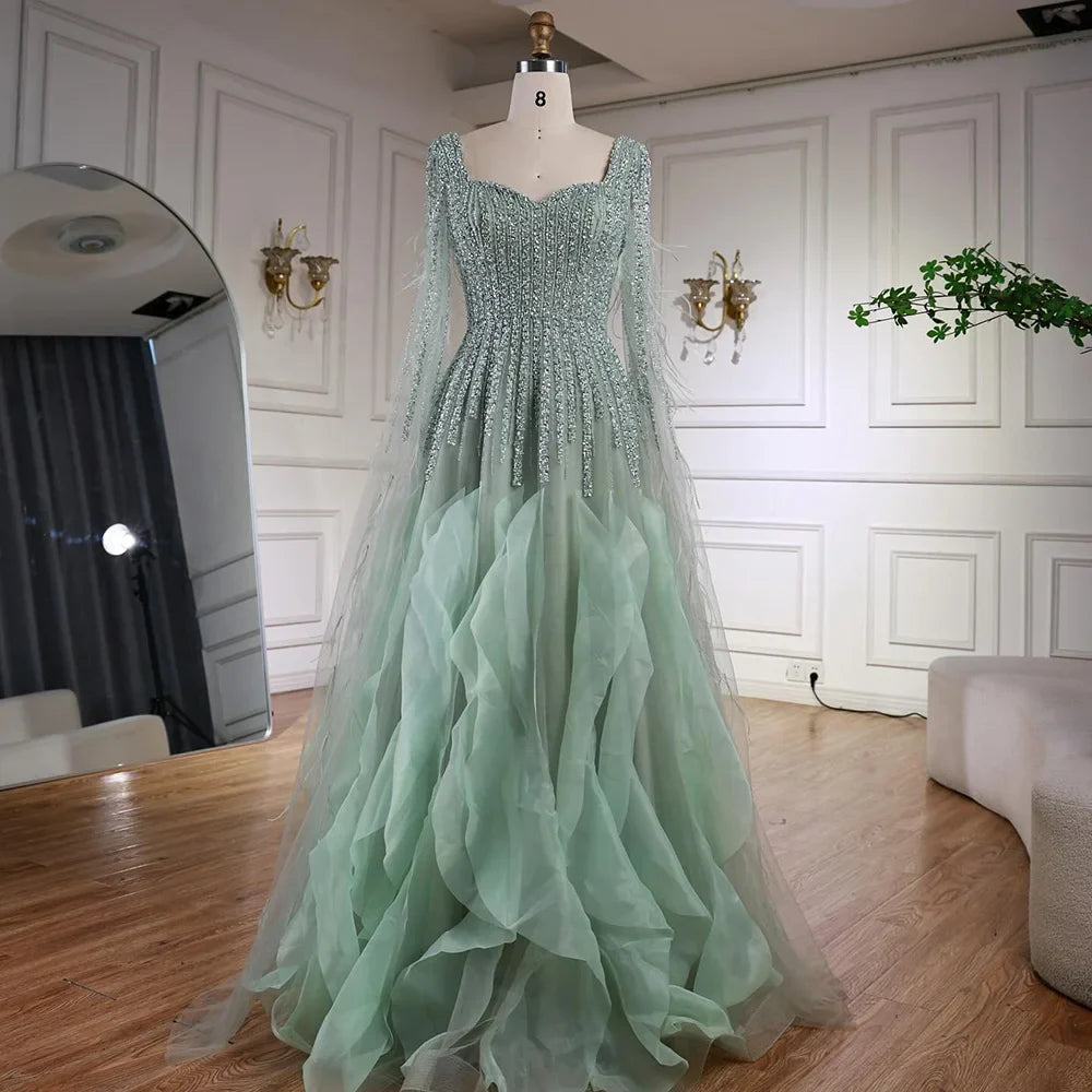 Luxury Sage Green A lina Evening Dress With Cape LA72984