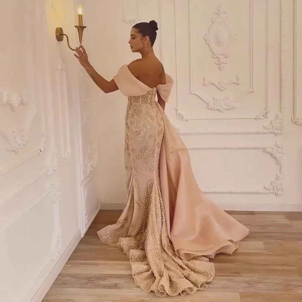 Luxury Nude Off Shoulder Pearl Beaded Mermaid Evening Dress with Overskirt LA73109