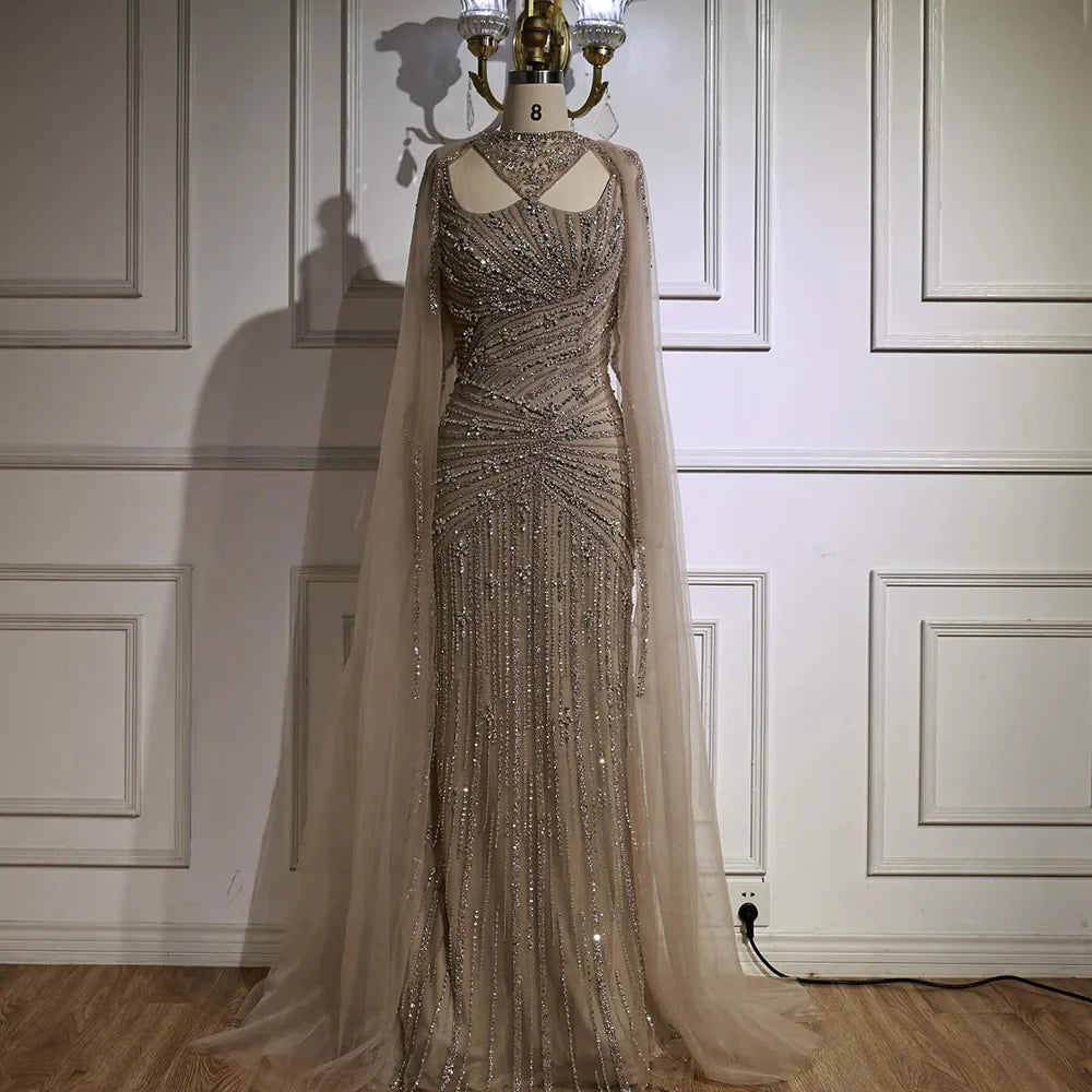 Luxury Caramel Mermaid Evening Dress with Cape Sleeves LA73052