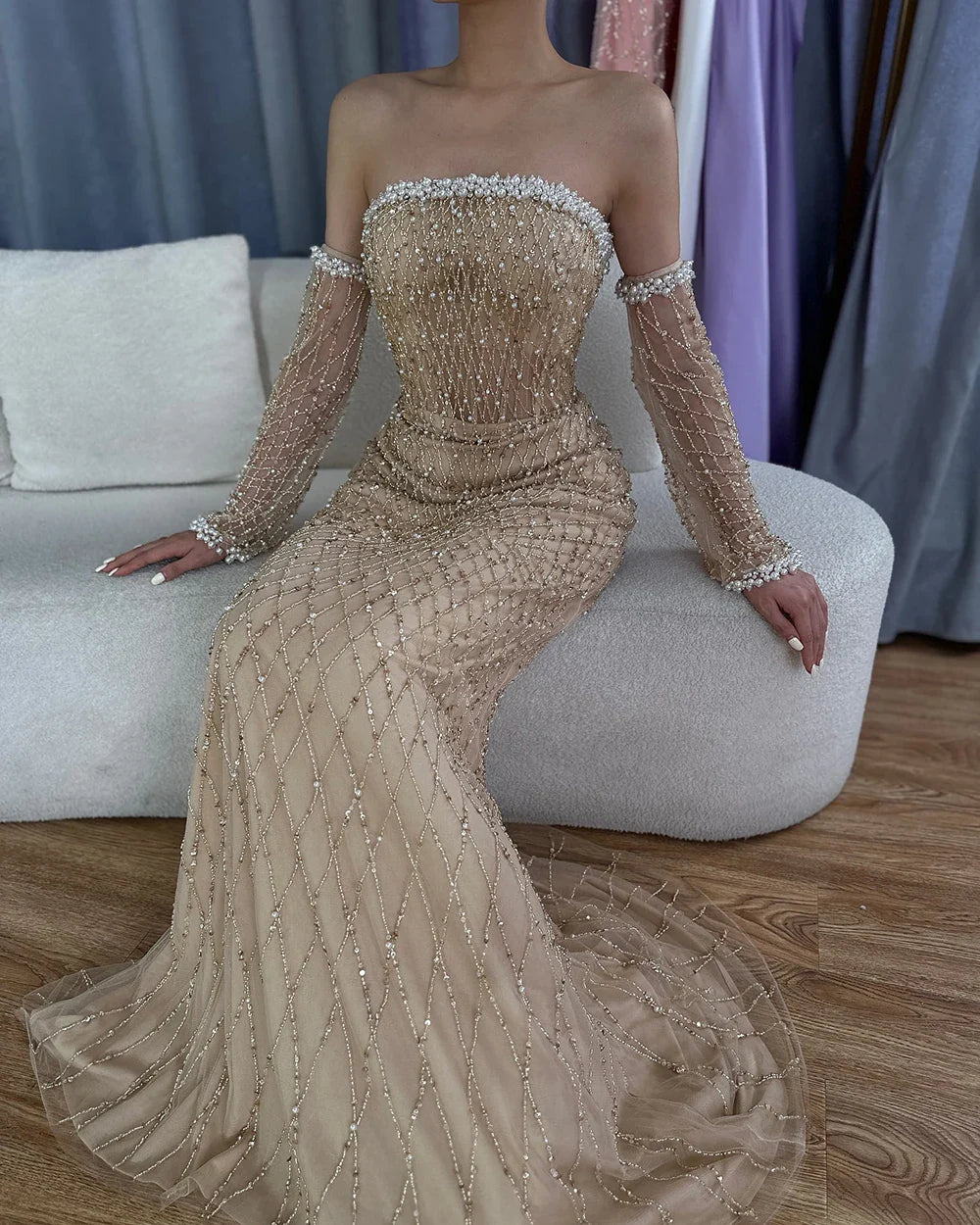 Dubai Elegant White Nude Beaded Evening Dress with Gloves LA72649
