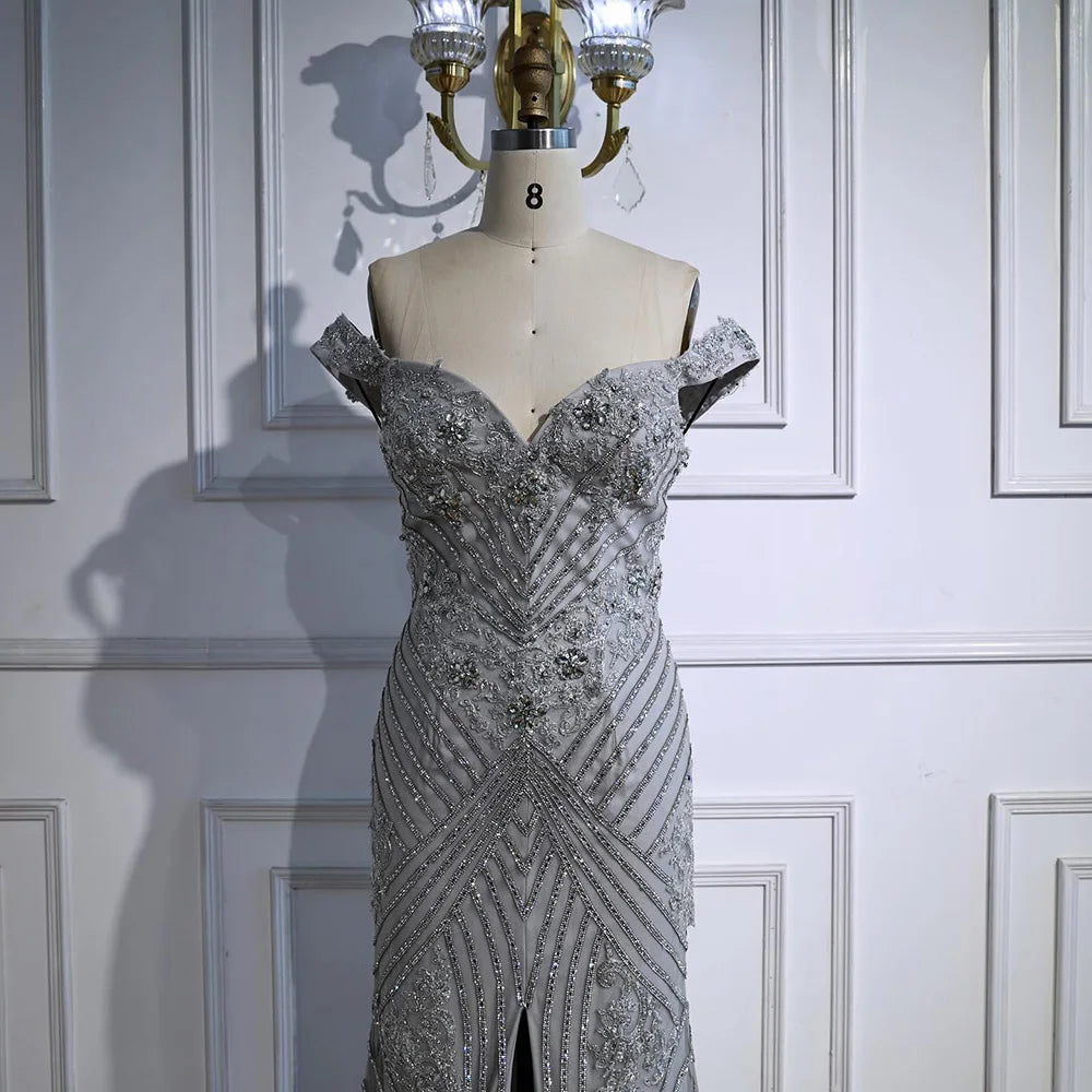 Luxury Silver Gray Off Shoulder Mermaid Evening Dress LA73018