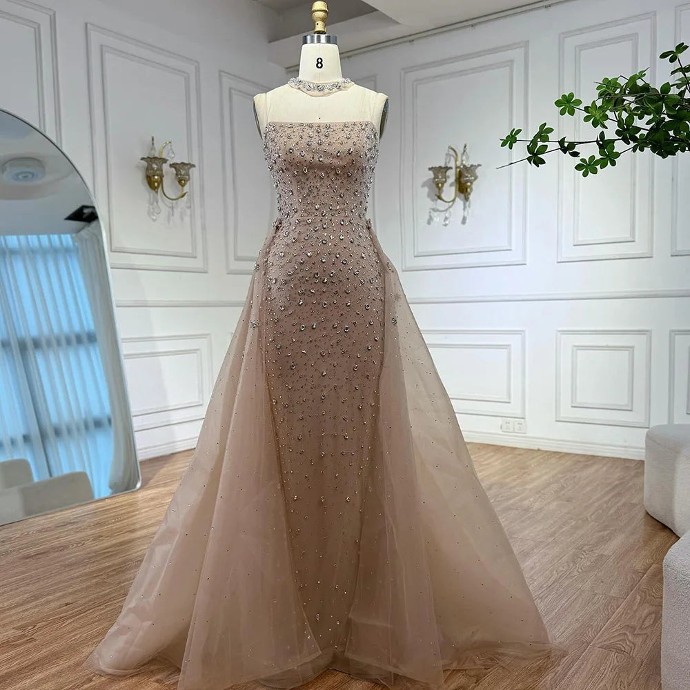 Luxury Arabic Pink Beaded Mermaid Evening Dress with Overskirt LA73084