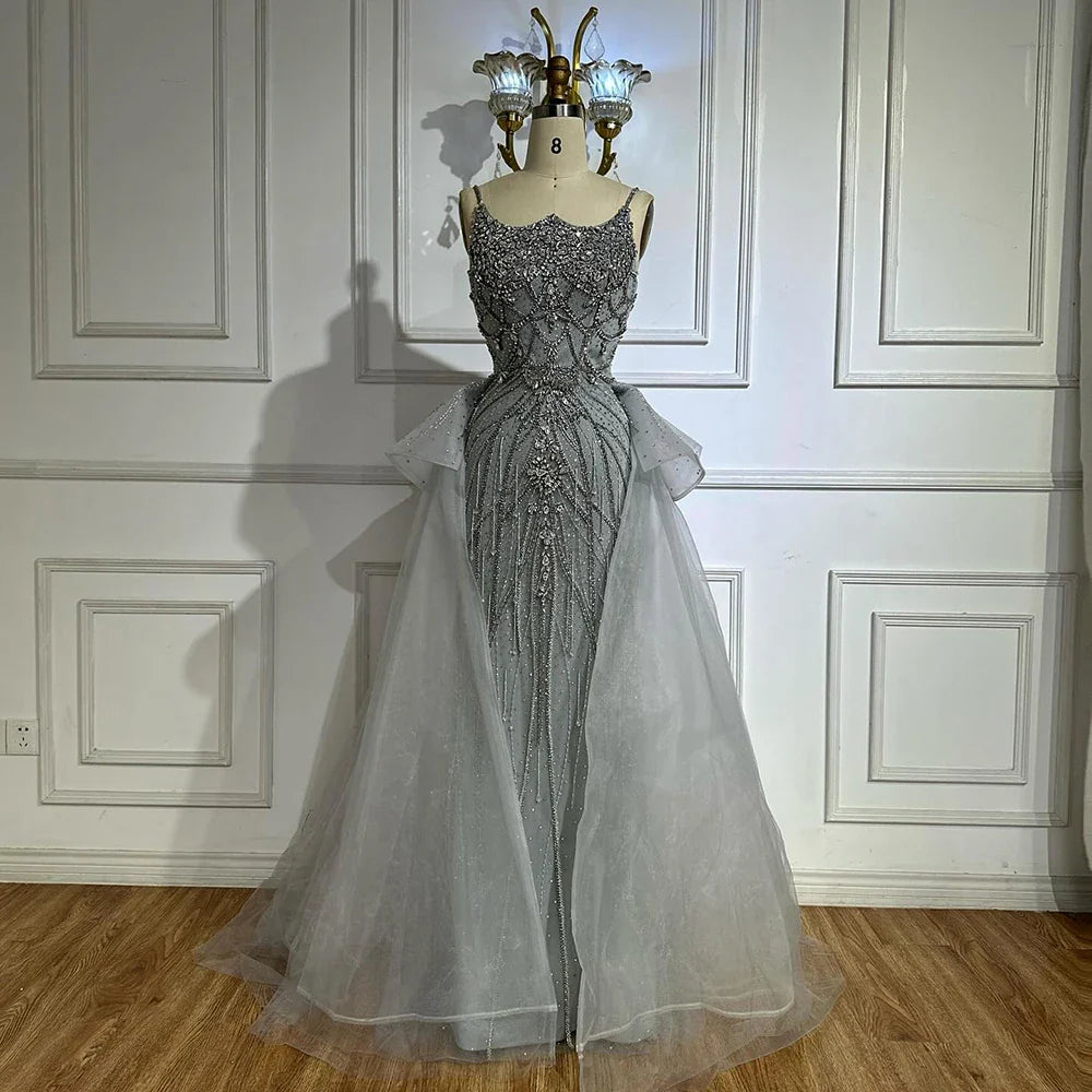 Luxury Dubai Nude Saudi Beaded Spaghetti Strap Evening Dresses Gowns with Overskirt for Formal Occasion LA72810