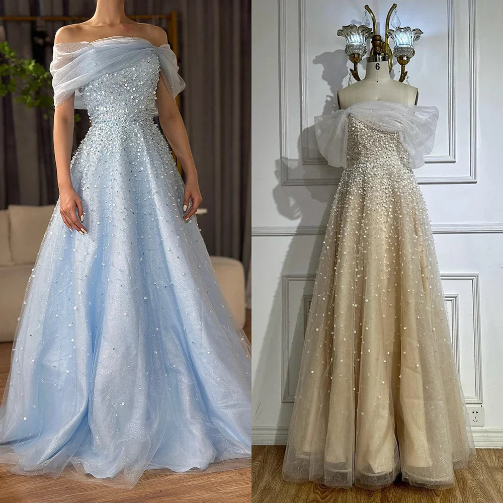 Luxury Dubai Arabic Blue Off The Shoulder Beaded Elegant A-Line Long Evening Dresses Gowns for Formal Occasion LA72009A