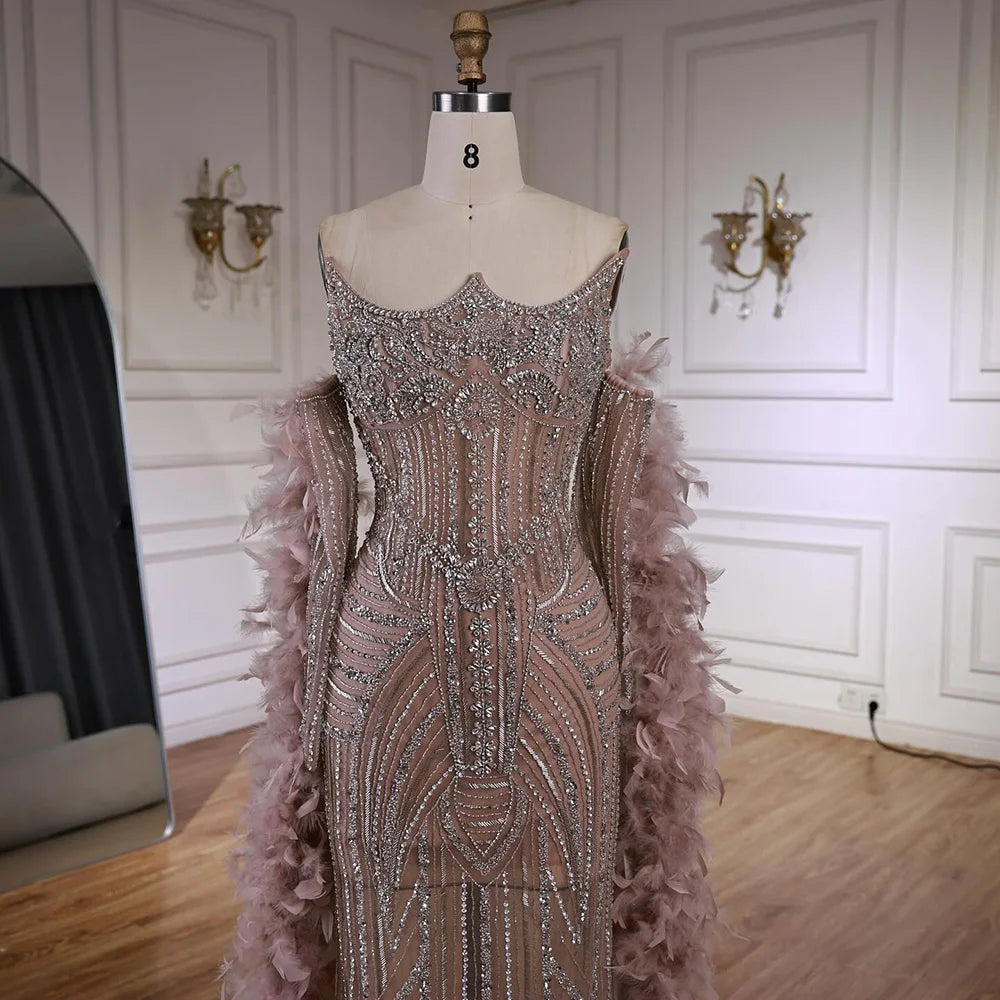 Luxury Caramel Beaded Evening Dress with Feather Sleeves LA73055