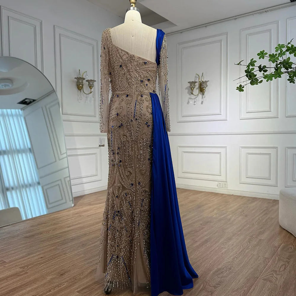 Luxury Royal Blue Velvet Beaded Mermaid Evening Dress LA72988