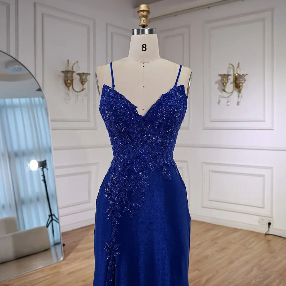 Luxury Navy Blue Lace Slit Prom Dress with Spaghetti Straps LA73041