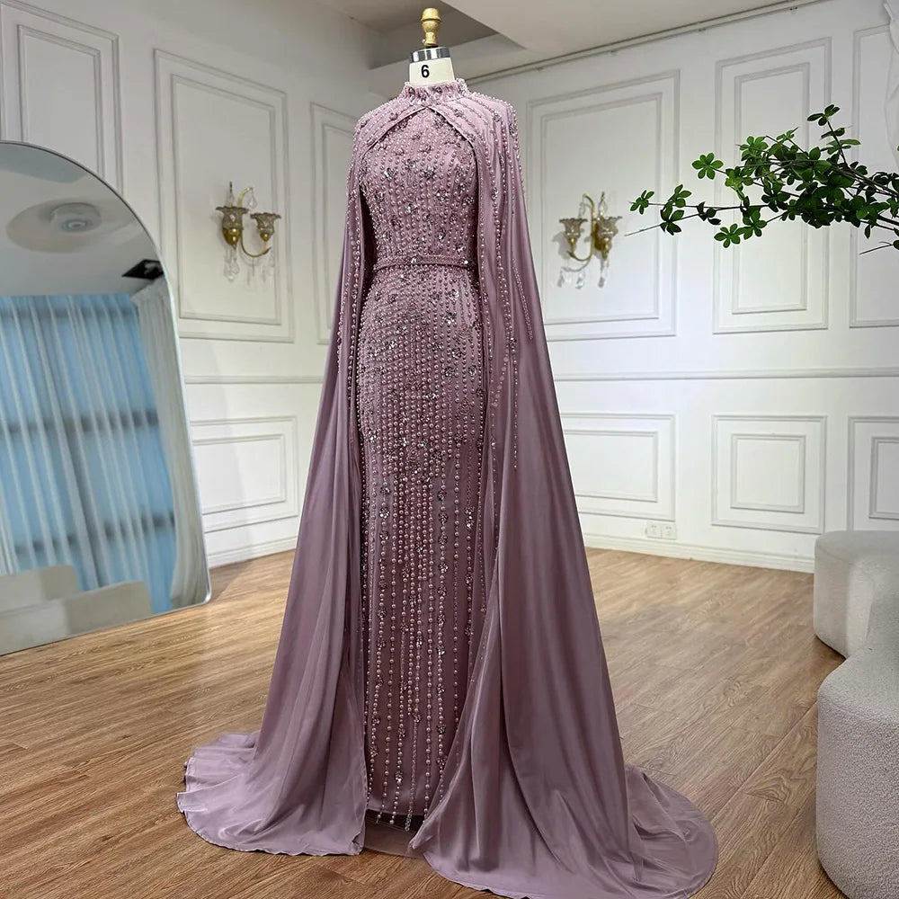 Modest Blue Muslim Beaded Evening Gown with Cape Sleeves LA72533