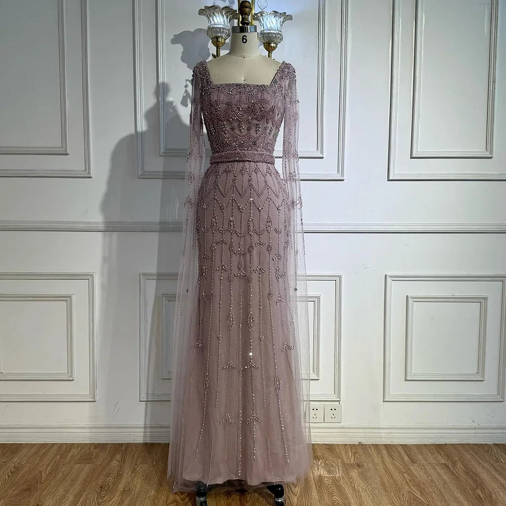 Luxury Arabic Caramel Beaded Evening Dress with Cape Sleeves LA72966A