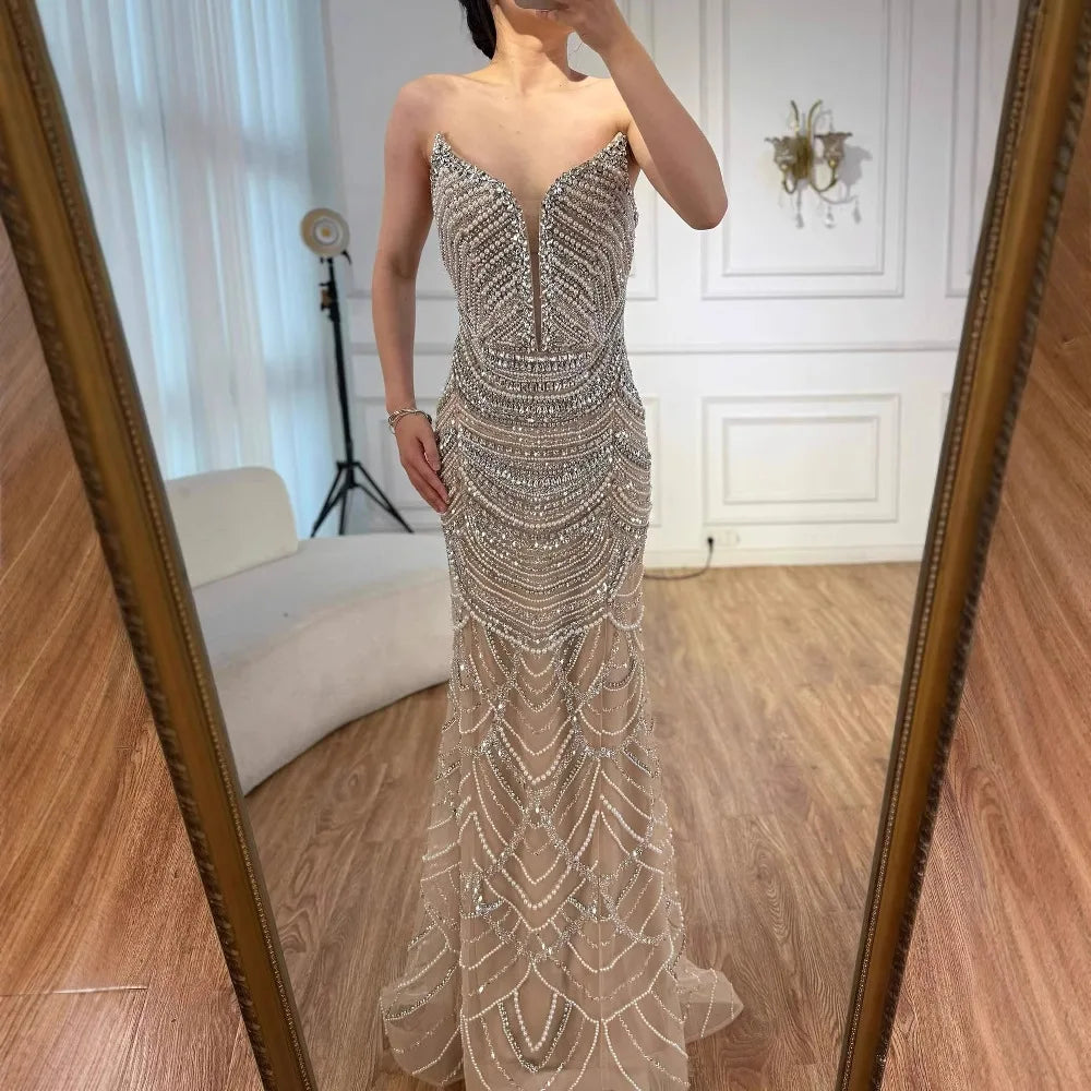 Luxury Nude Silver Beaded Evening Gown with Crystals LA72900