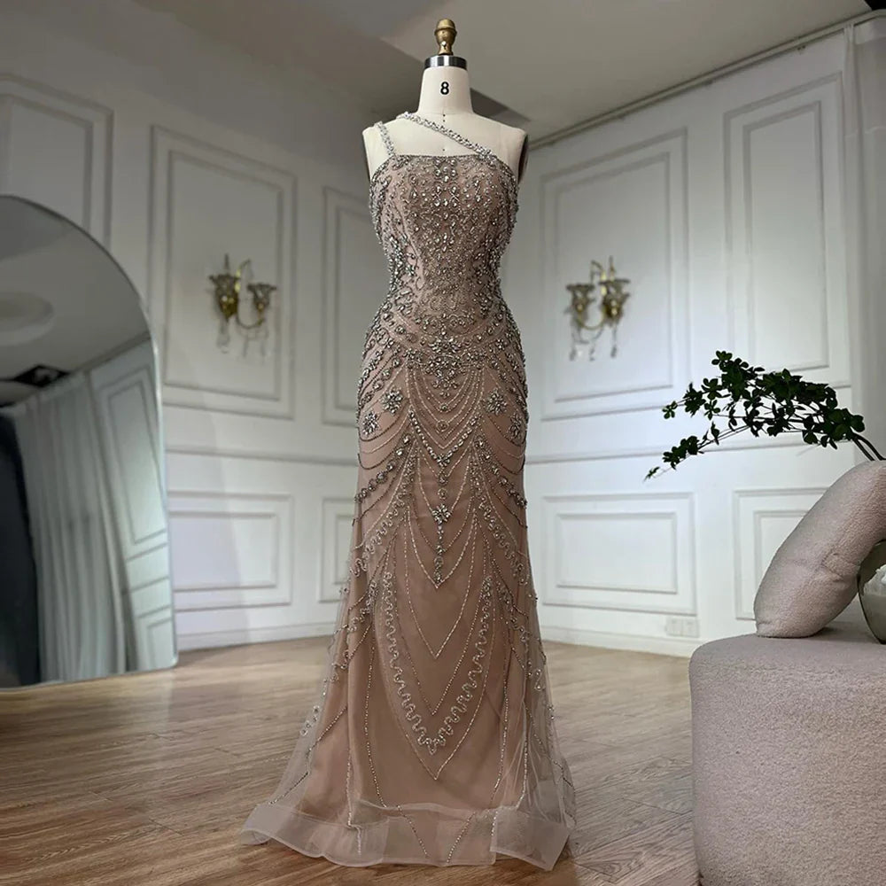 Luxury Dubai Elegant Nude One Shoulder Beaded Evening Dresses Gowns for Formal Occasion LA72791