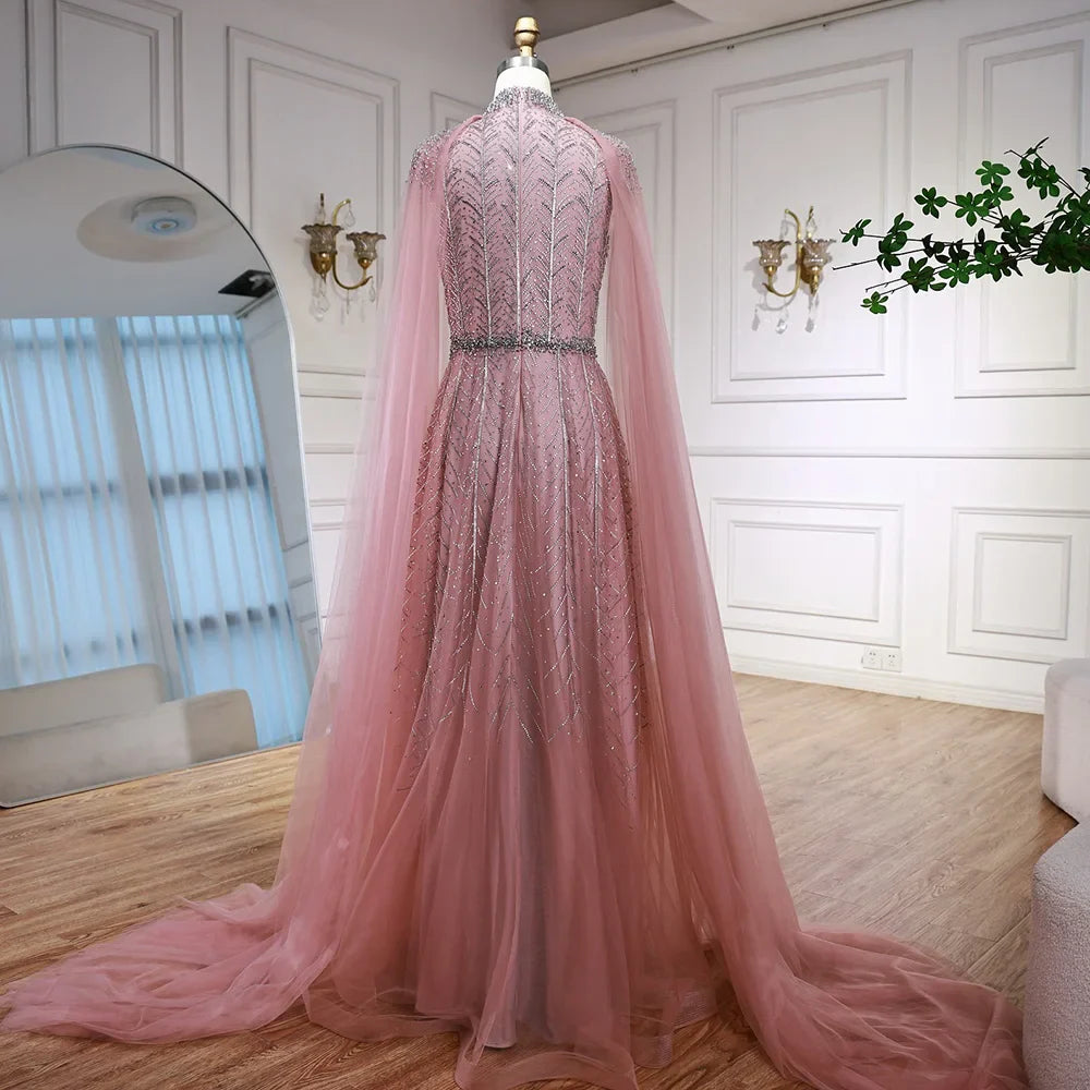 Luxury Elegant Pink Beaded Evening Dress with Cape LA73033