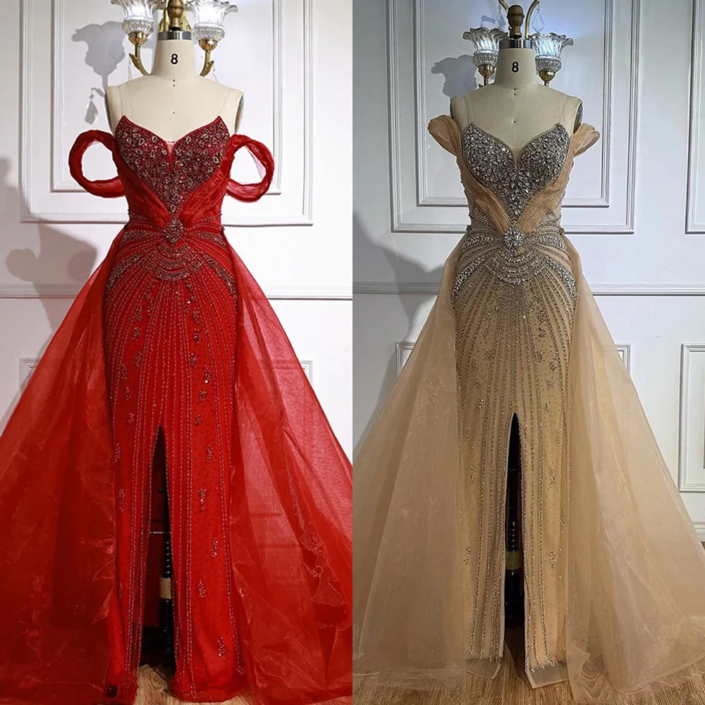 Luxury Nude Beaded Mermaid Evening Dress with Overskirt and Slit LA73034