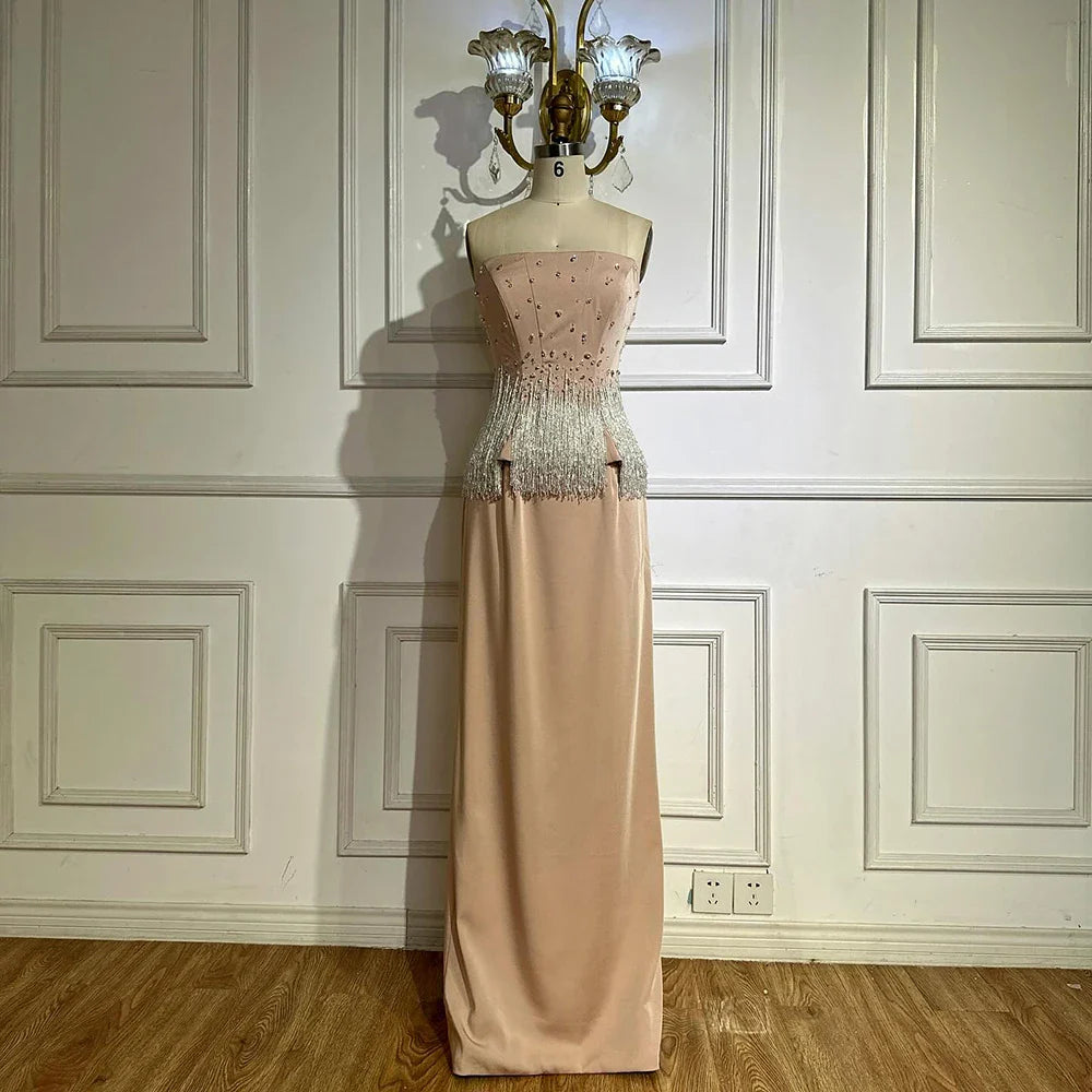 Luxury Dubai Saudi Nude Pink Arabic Mermaid Evening Dresses Gowns Beaded Tassel for Occasion LA72804