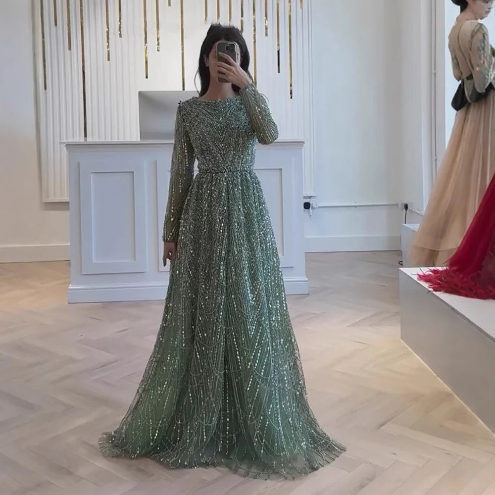 Luxury Olive Green Beaded A-Line Modest Evening Dress LA72738B