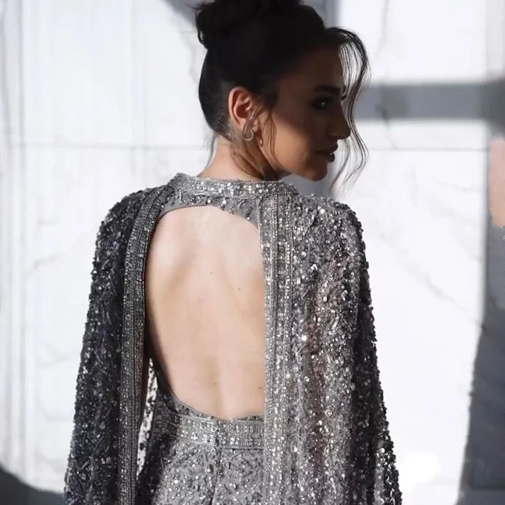 Luxury Gray Arabic Mermaid Evening Dress with Cape LA72180