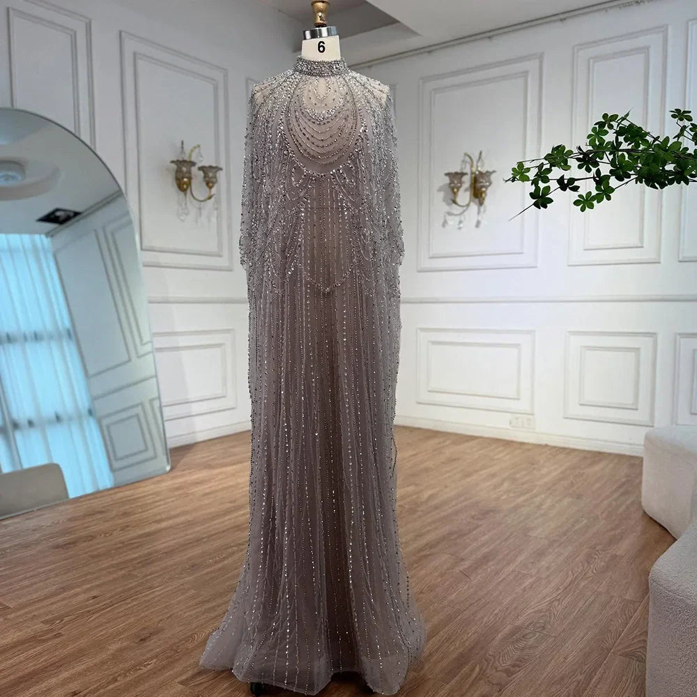 Luxury Silver Nude Beaded Mermaid Evening Dress with Cape LA72484A