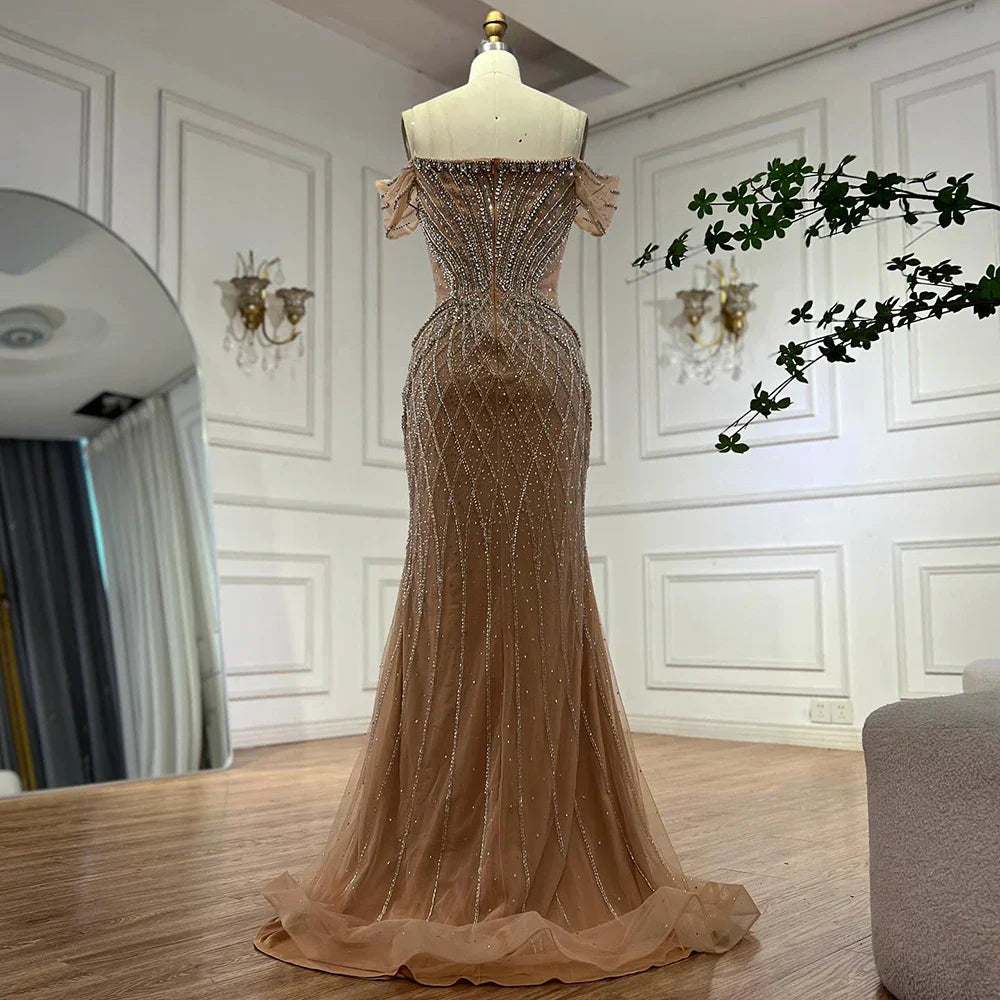 Saudi Arabic Off Shoulder Nude Beaded Tulle Mermaid Evening Gown LA72854