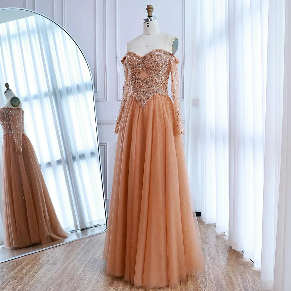 Luxury Nude Off Shoulder A-Line Beaded Evening Dress LA73038