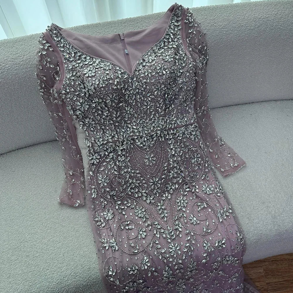 Luxury Nude Beaded Crystal Evening Dress with Long Sleeves LA73042