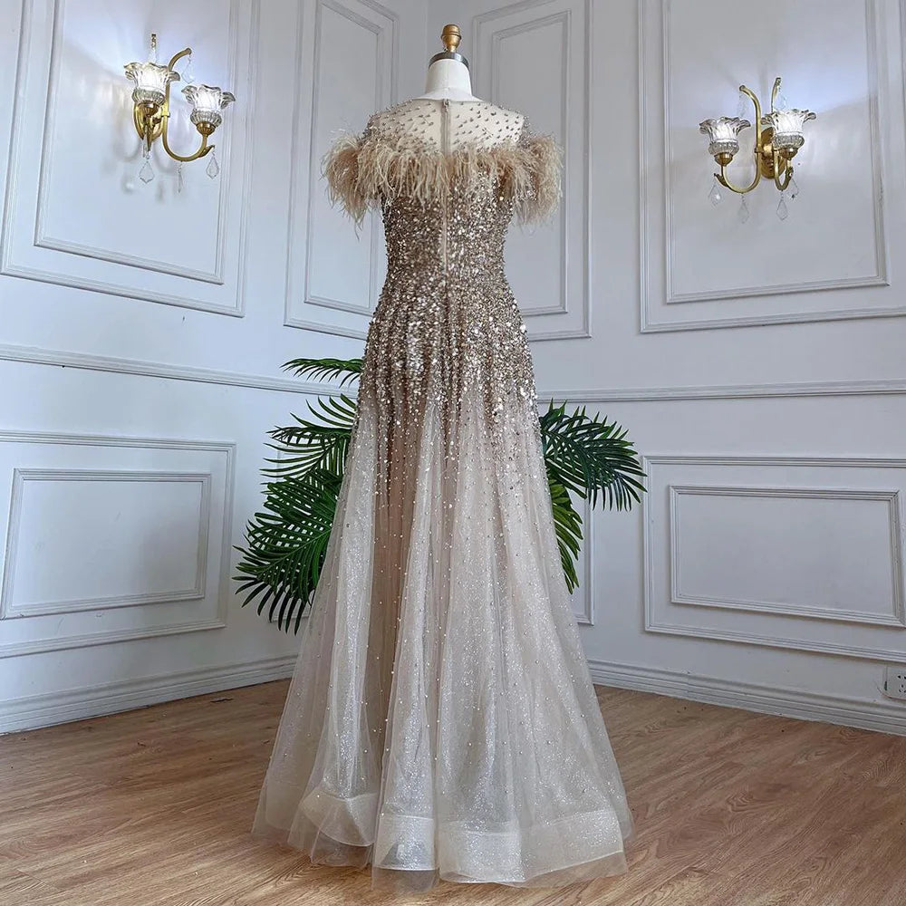 Luxury Caramel Feather Beaded A-Line Evening Dress LA71720