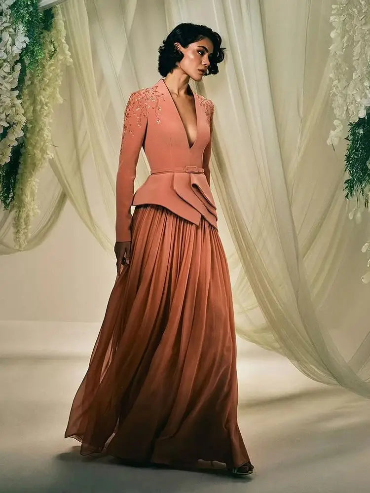 Brown Luxury Beaded Evening Gown with Blazer Top and Pleated Skirt LA72918