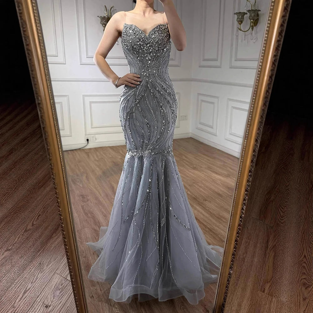 Luxury Pink Beaded Strapless Mermaid Evening Dress LA73124