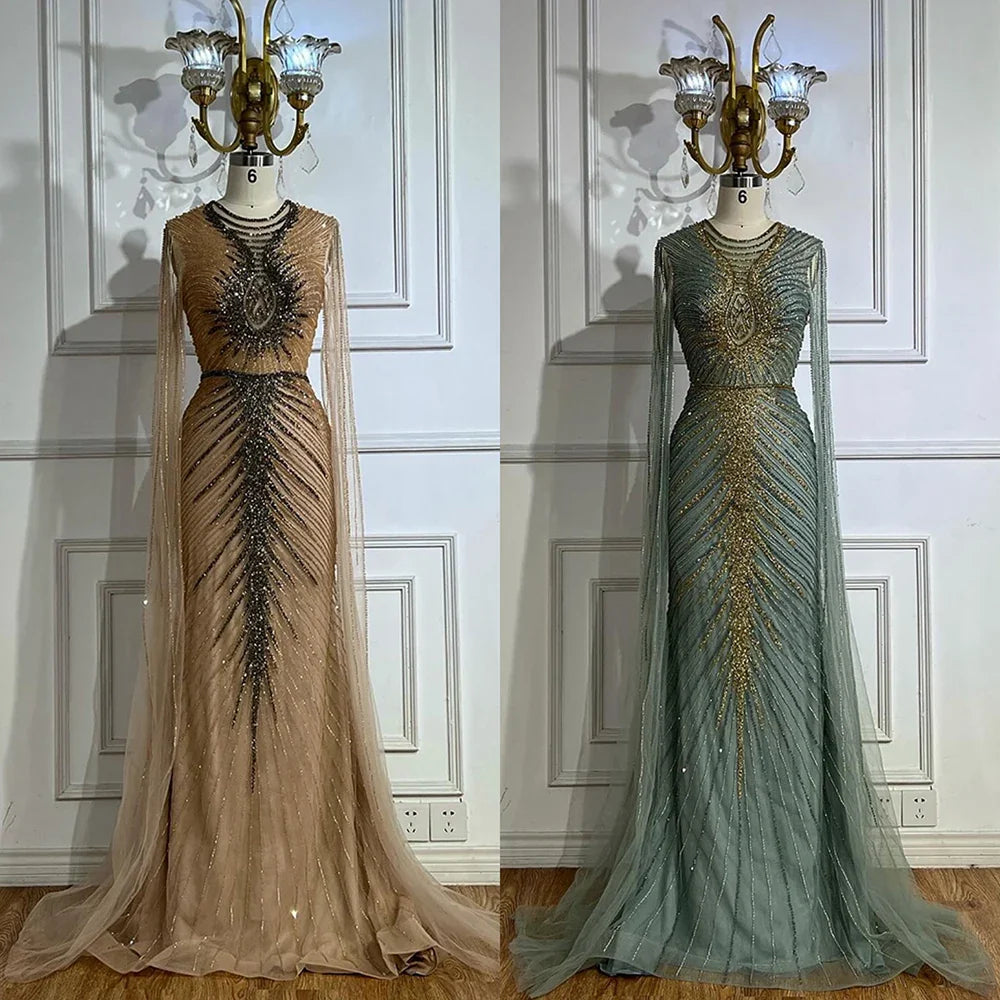 Luxury Caramel Beaded Evening Dress Gown with Cape Sleeves LA72940