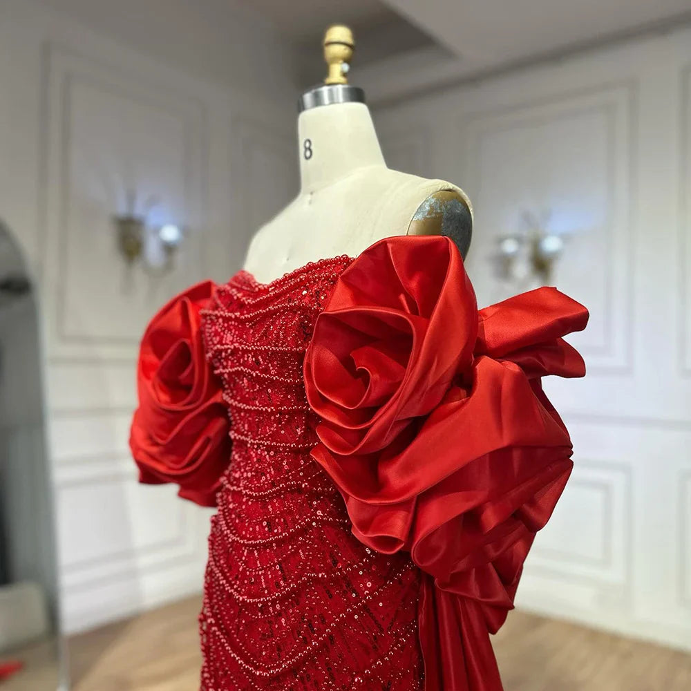 Red Long Cape Pearls Beaded Mermaid Evening Dress Gown LA72585A