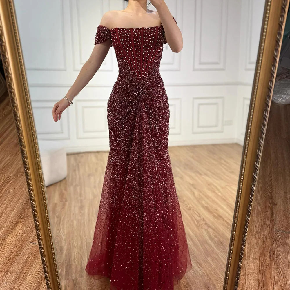 Luxury Designer Beaded Silver Nude Mermaid Evening Dress LA72905